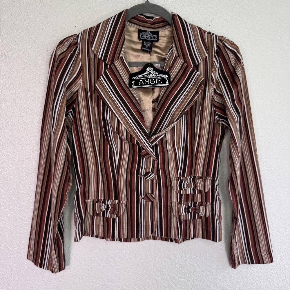 Vintage Angie Blazer Jacket Womens Small Brown Stripe Corduroy Bow Pocket Y2K